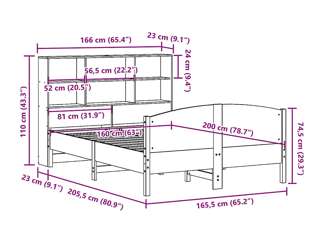 Lit bibliothèque sans matelas blanc 160x200 cm bois pin massif