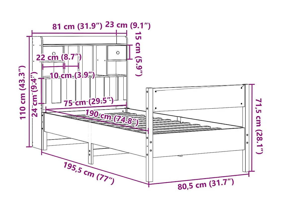 Bed met boekenkast zonder matras massief grenenhout 75x190 cm