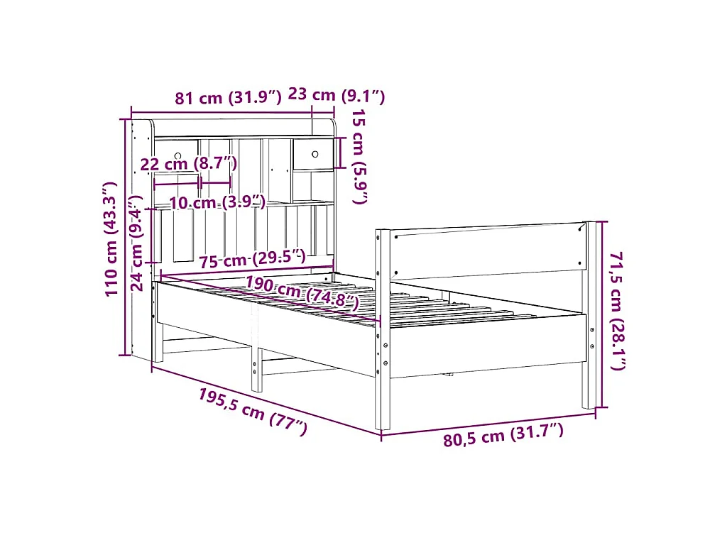 Cama con estantería sin colchón madera maciza de pino 75x190 cm