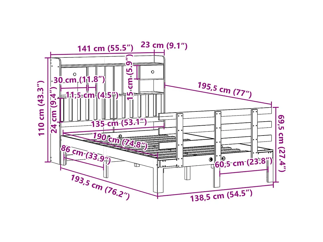 Lit bibliothèque sans matelas 135x190 cm bois de pin massif