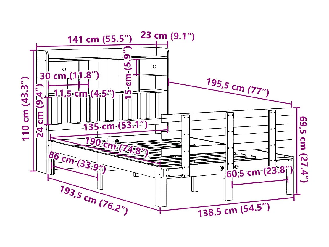 Massivholzbett mit Regal ohne Matratze 135x190 cm Kiefer