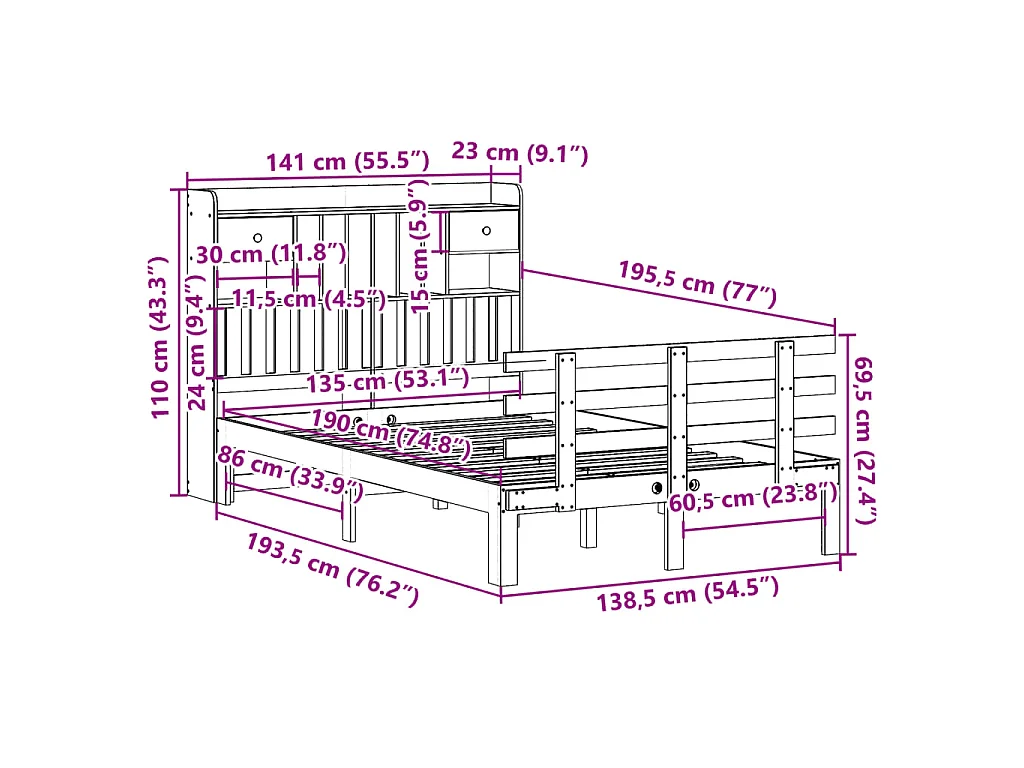 Cama com estante sem colchão 135x190 cm pinho maciço