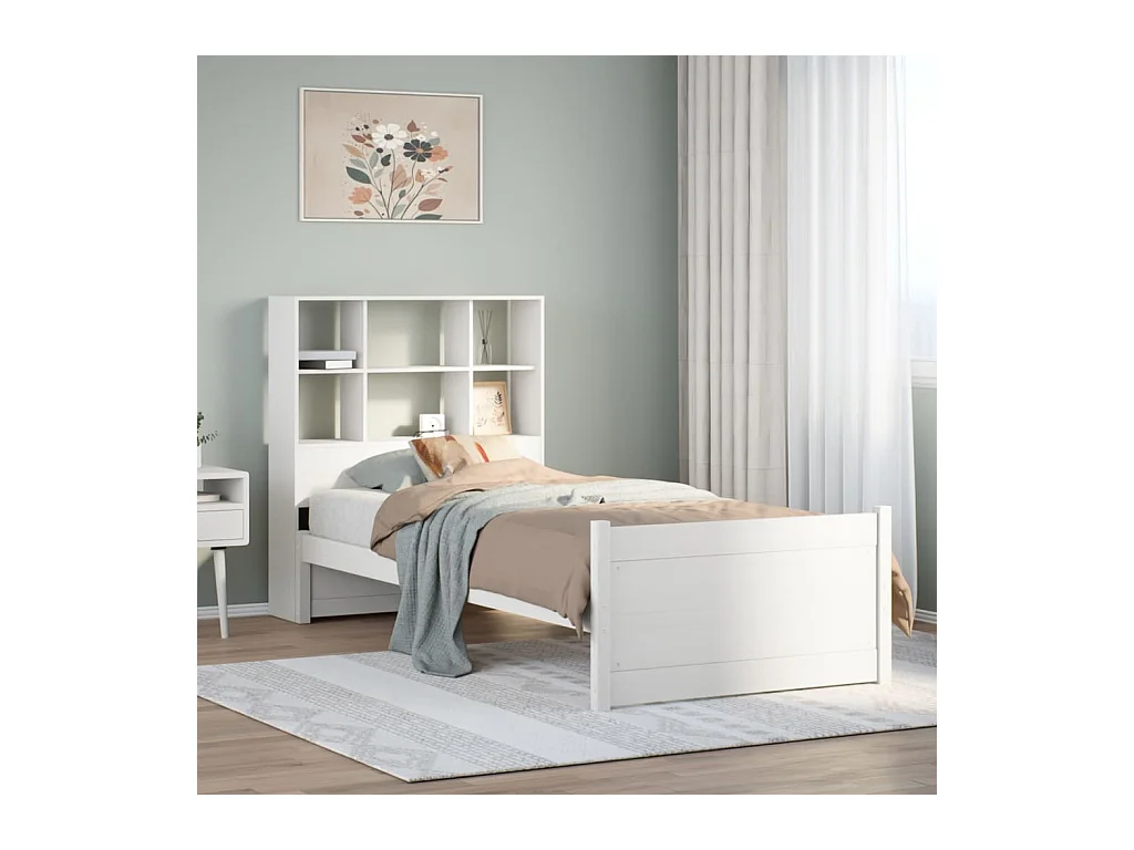 Lit bibliothèque sans matelas blanc 90x200cm bois de pin massif
