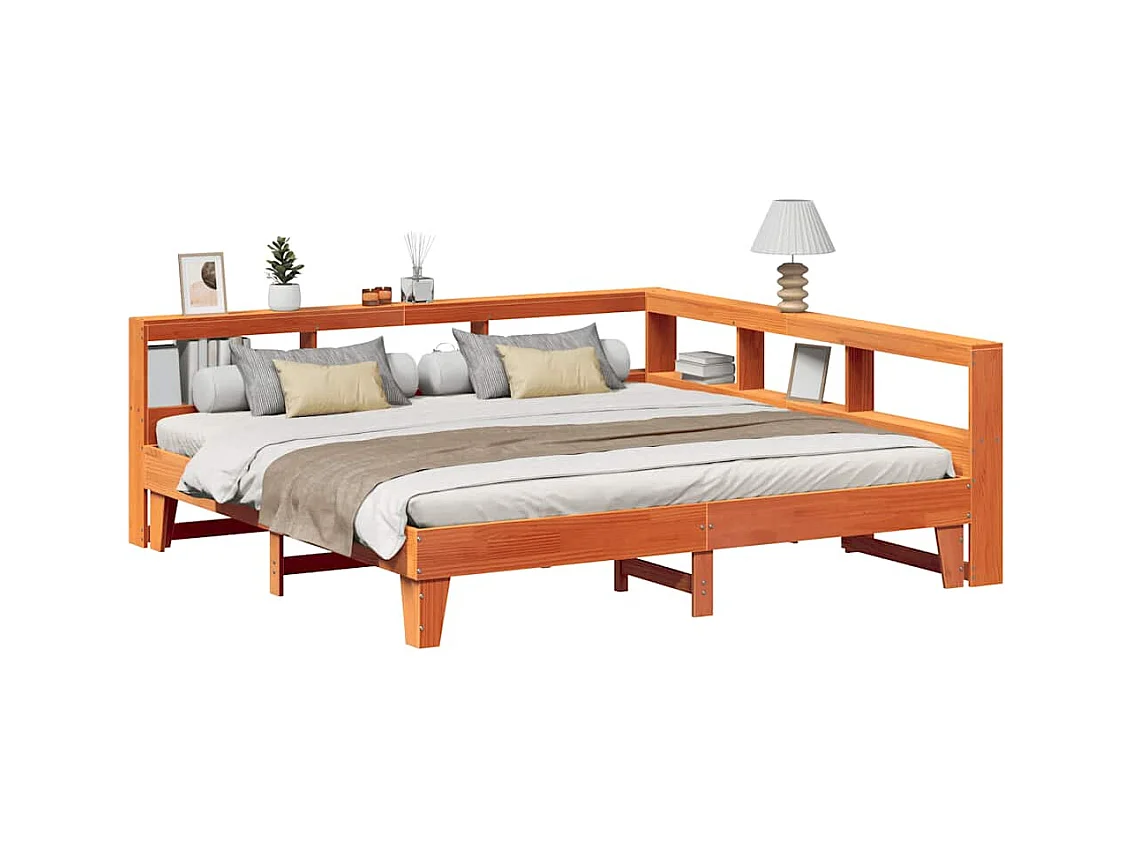 Lit bibliothèque sans matelas cire marron 200x200 cm pin massif