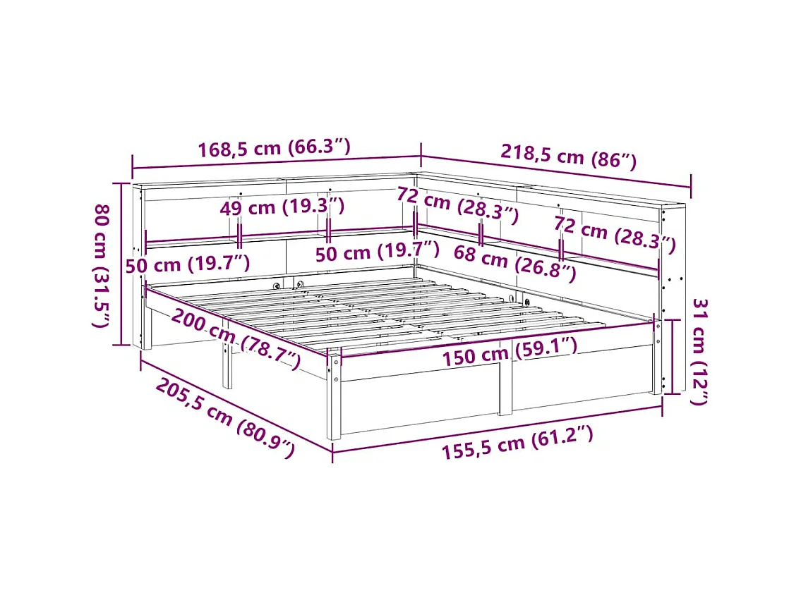 Bed met boekenkast zonder matras massief grenenhout 150x200 cm