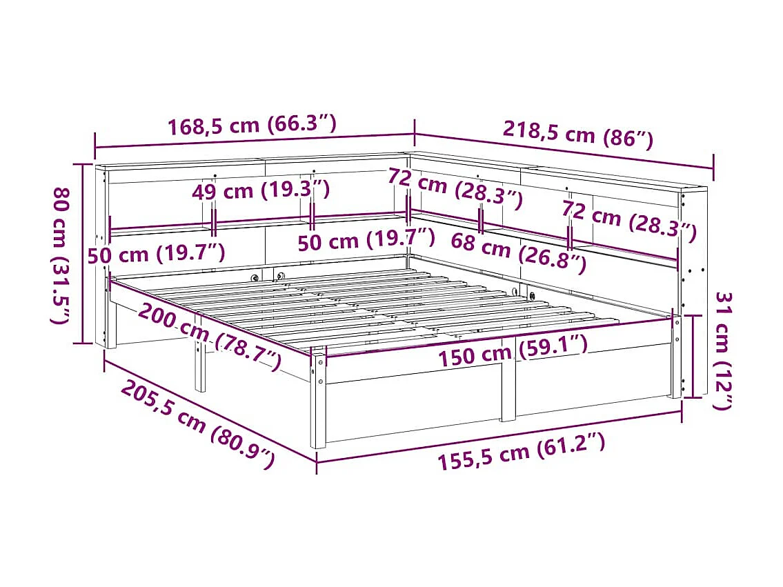 Massivholzbett mit Regal ohne Matratze 150x200 cm Kiefernholz