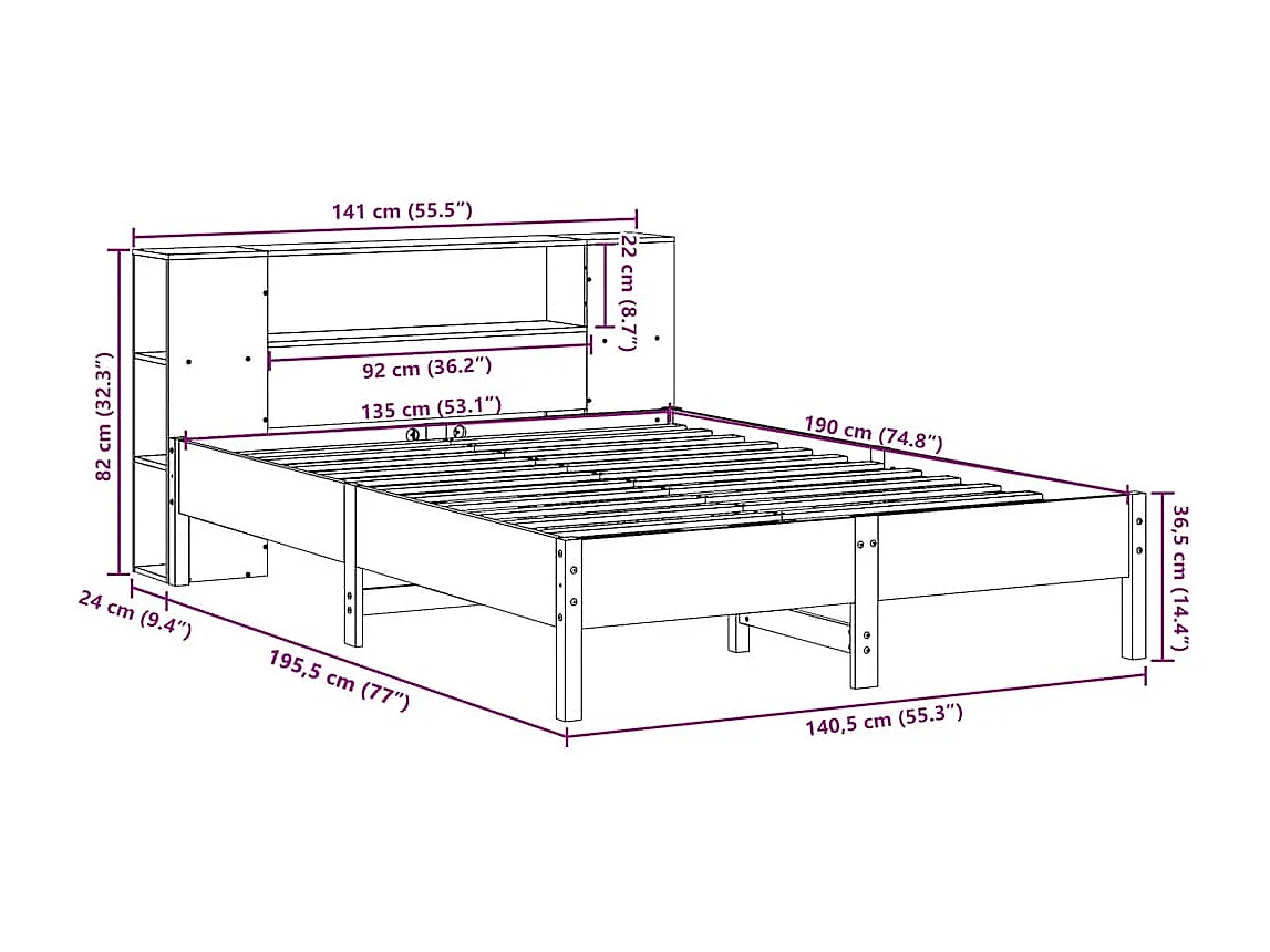 Bed met boekenkast zonder matras massief grenenhout 135x190 cm
