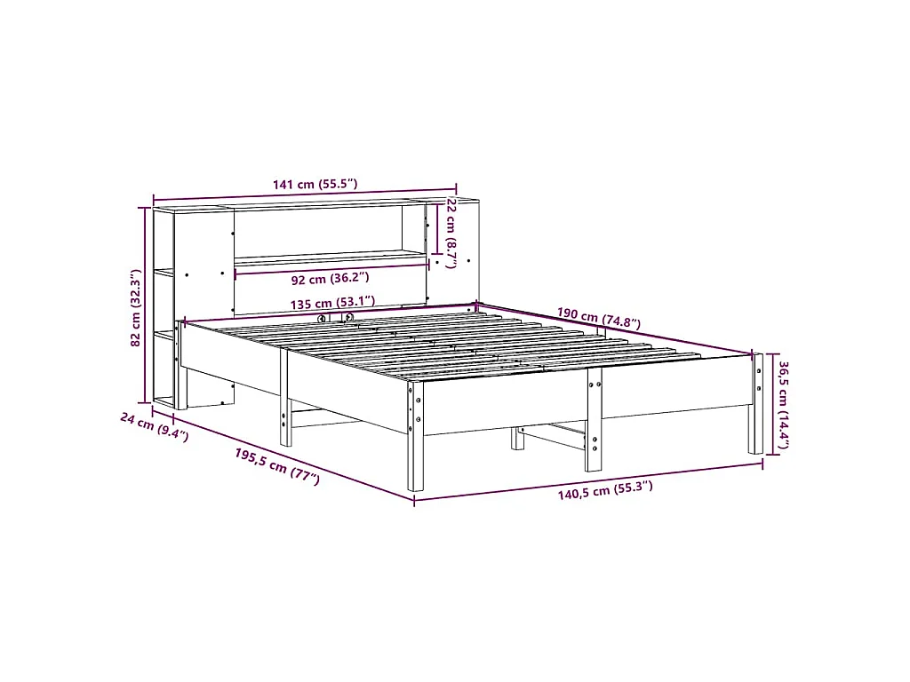 Cama com estante sem colchão 135x190 cm pinho maciço