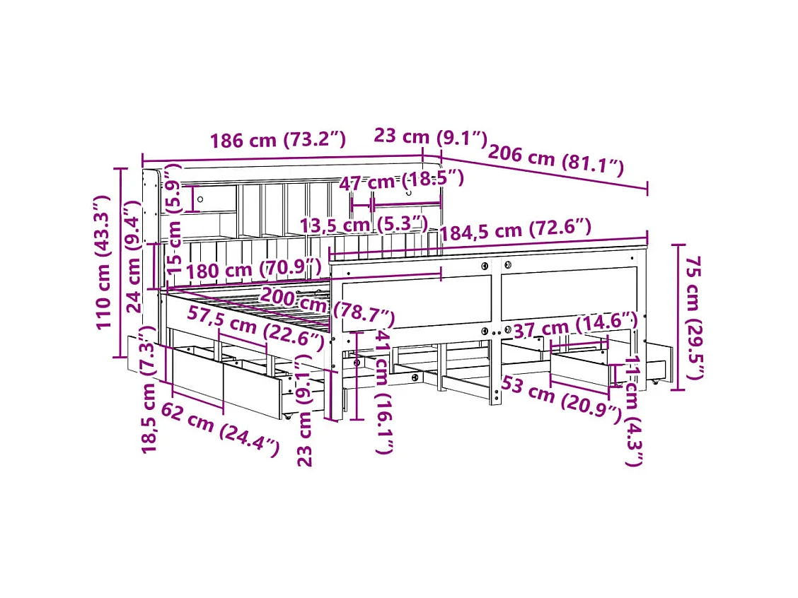 Lit bibliothèque sans matelas blanc 180x200 cm bois pin massif