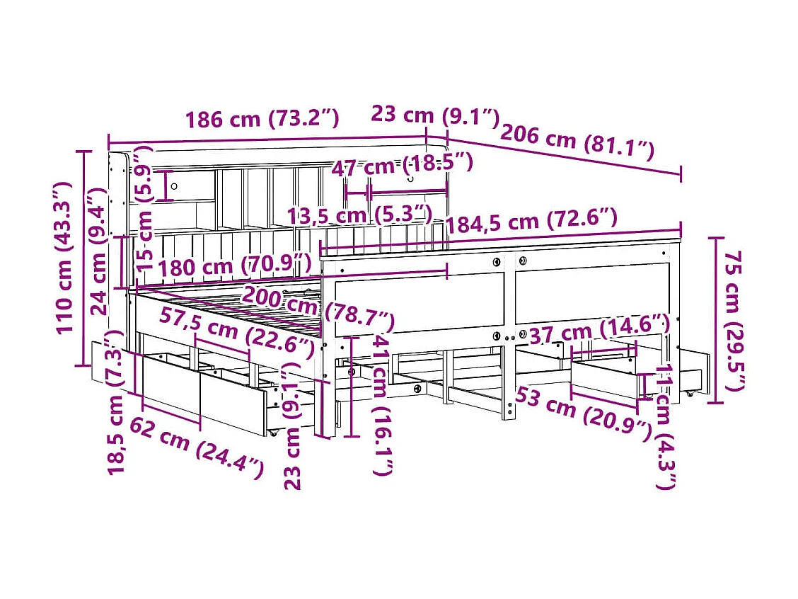 Lit bibliothèque sans matelas blanc 180x200 cm bois pin massif