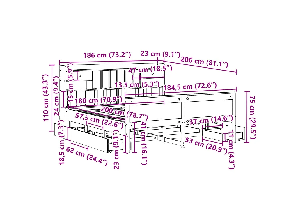 Bed met boekenkast zonder matras grenenhout wit 180x200 cm