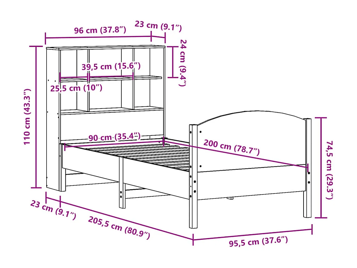 Lit bibliothèque sans matelas cire marron 90x200 cm pin massif