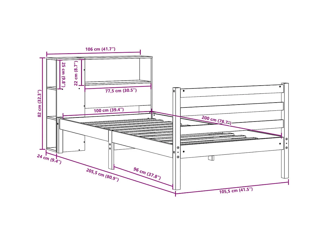Lit bibliothèque sans matelas 100x200 cm bois massif de pin