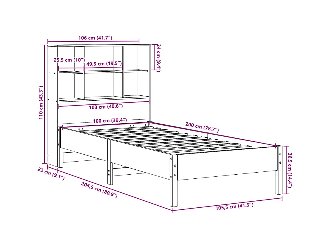 Bed met boekenkast zonder matras grenenhout wasbruin 100x200 cm