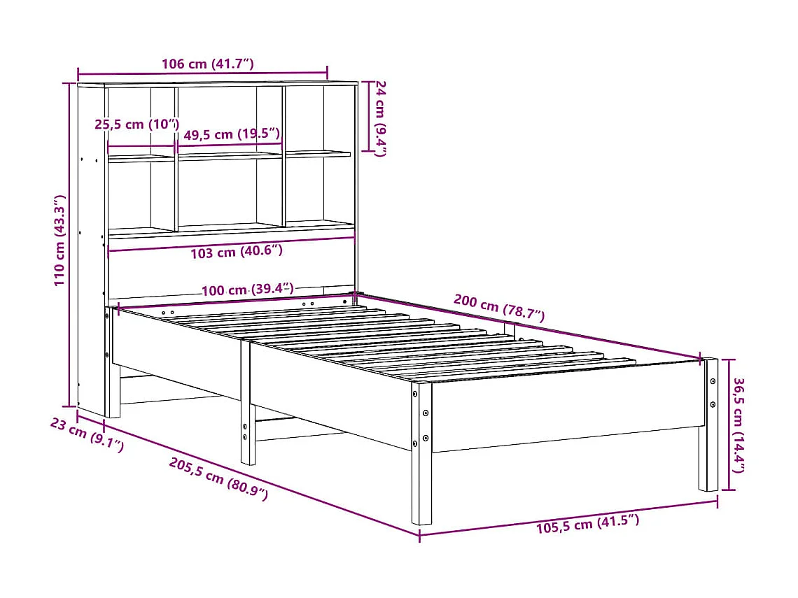 Lit bibliothèque sans matelas cire marron 100x200 cm pin massif