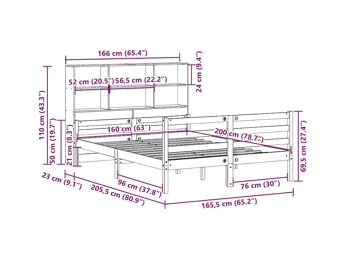 Massivholzbett mit Regal ohne Matratze 160x200 cm Kiefernholz