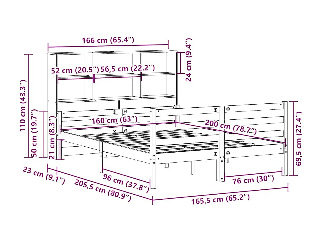 Bed met boekenkast zonder matras massief grenenhout 160x200 cm