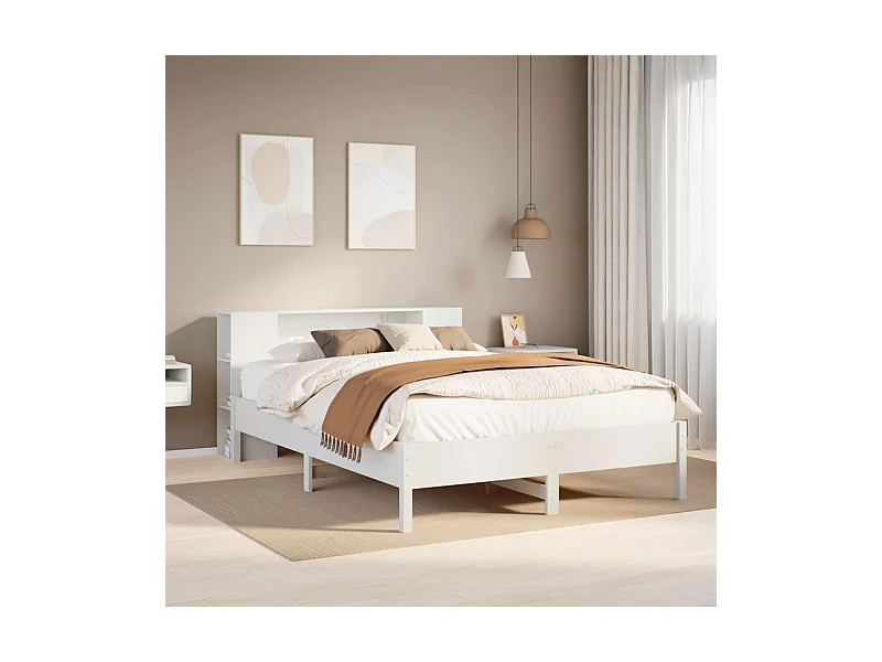 Massivholzbett mit Regal ohne Matratze Weiß 140x190 cm Kiefer