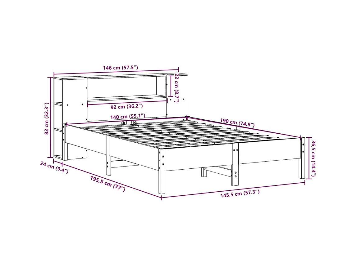 Lit bibliothèque sans matelas blanc 140x190 cm bois pin massif