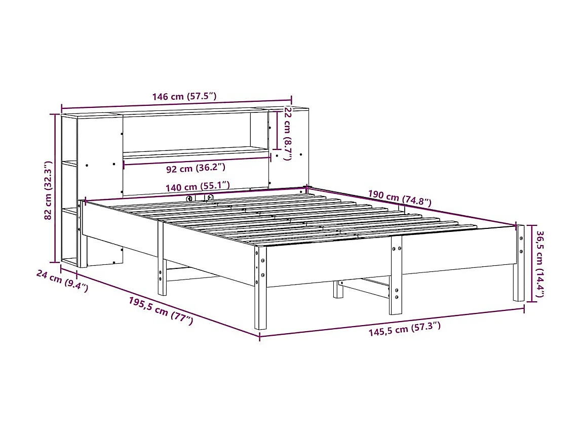 Massivholzbett mit Regal ohne Matratze Weiß 140x190 cm Kiefer