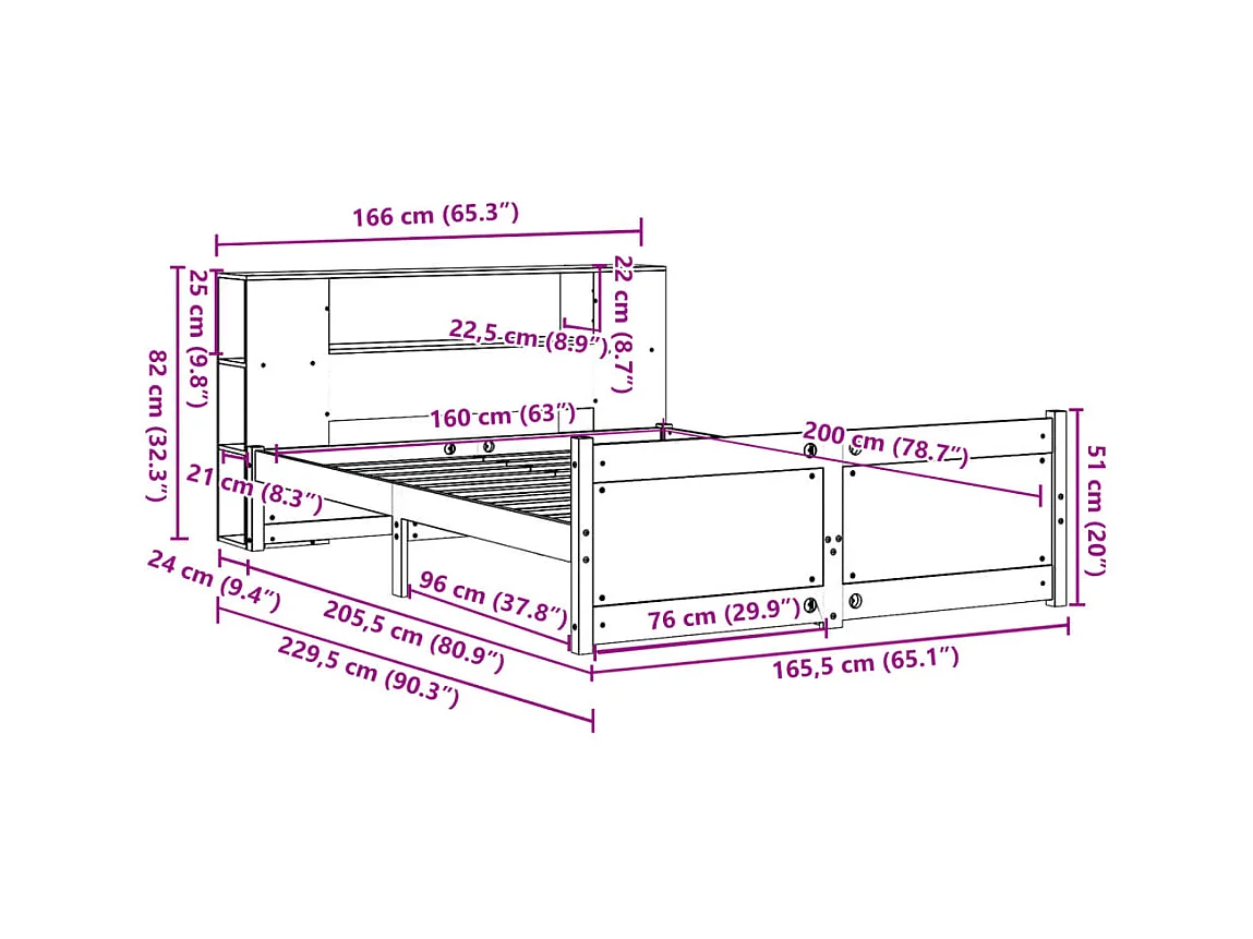 Lit bibliothèque sans matelas 160x200 cm bois massif de pin