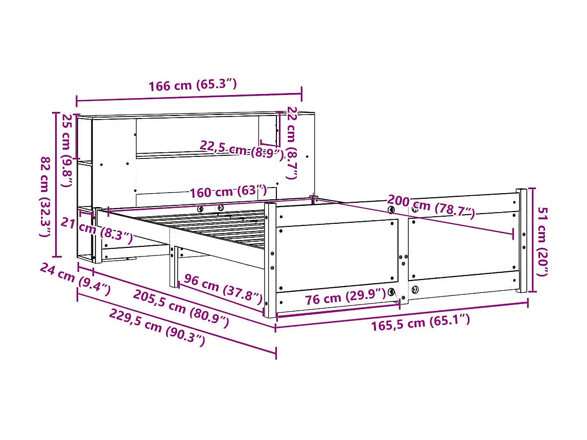 Lit bibliothèque sans matelas 160x200 cm bois massif de pin