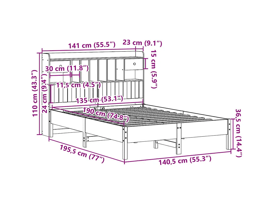 Cama com estante sem colchão 135x190 cm pinho maciço