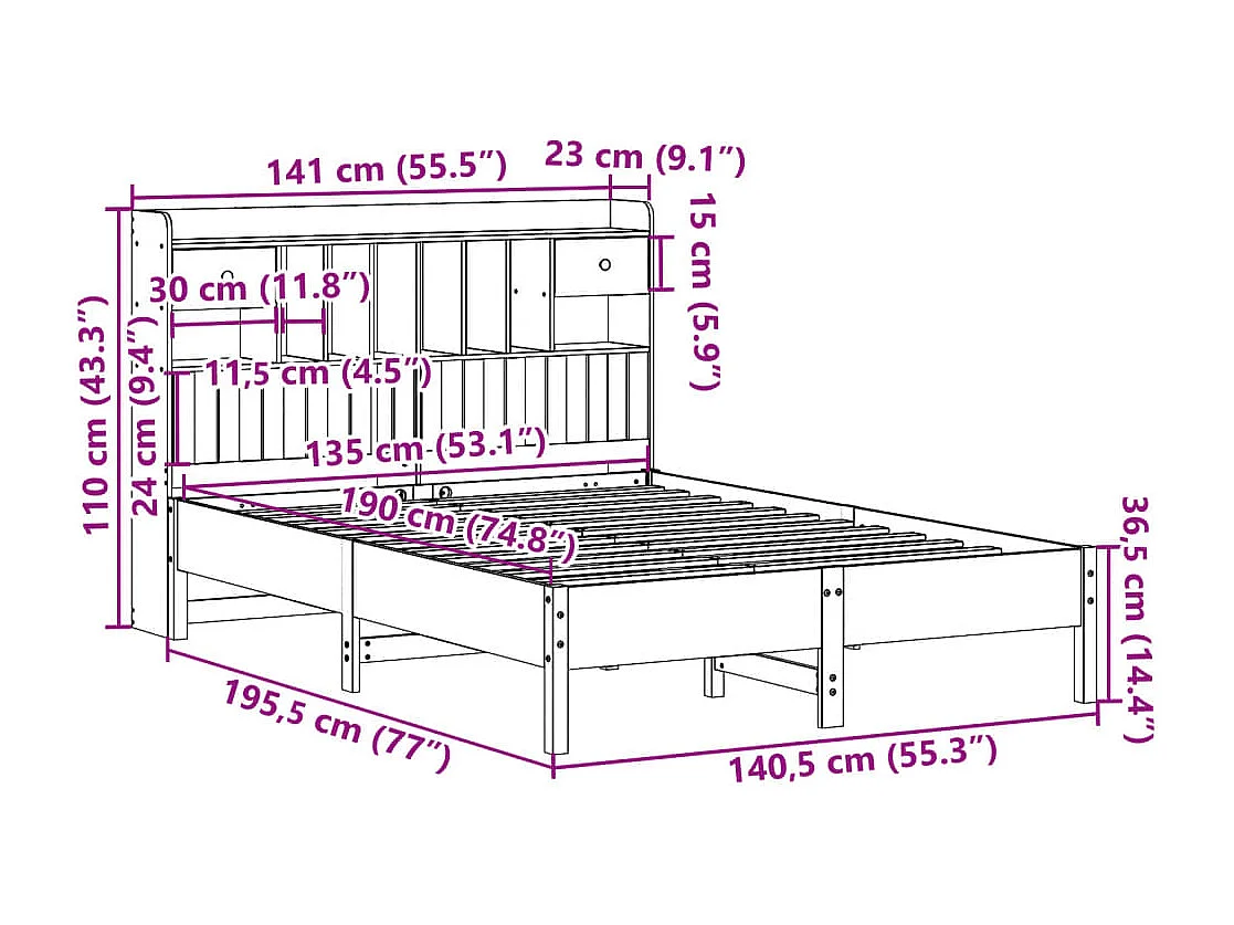 Bed met boekenkast zonder matras grenenhout wasbruin 135x190 cm