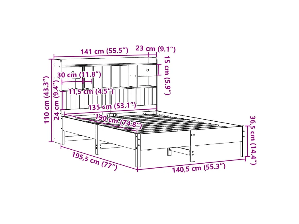 Cama com estante sem colchão 135x190 cm pinho maciço