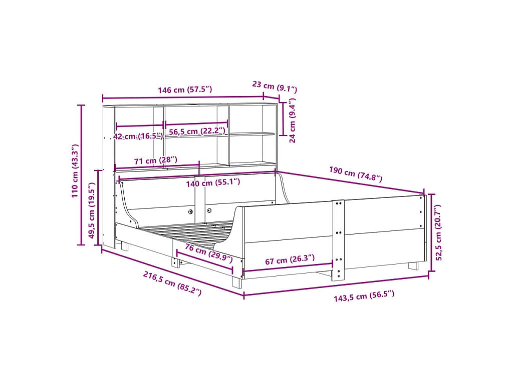Letto Libreria senza Materasso Marrone Cera 140x190 cm Legno