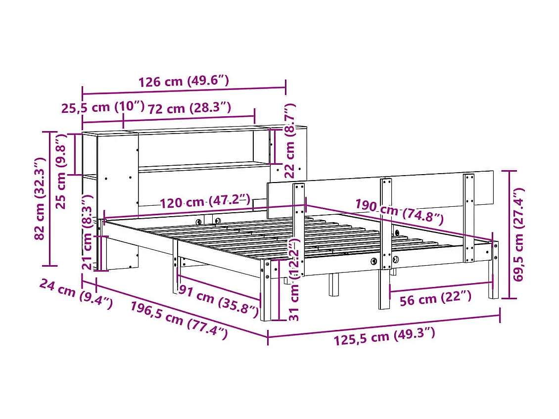 Massivholzbett mit Regal ohne Matratze 120x190 cm Kiefernholz