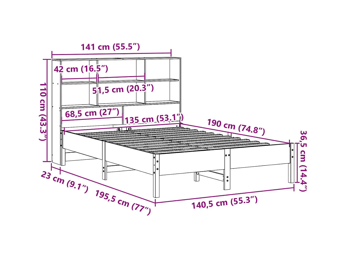 Massivholzbett mit Regal ohne Matratze Wachsbraun 135x190 cm