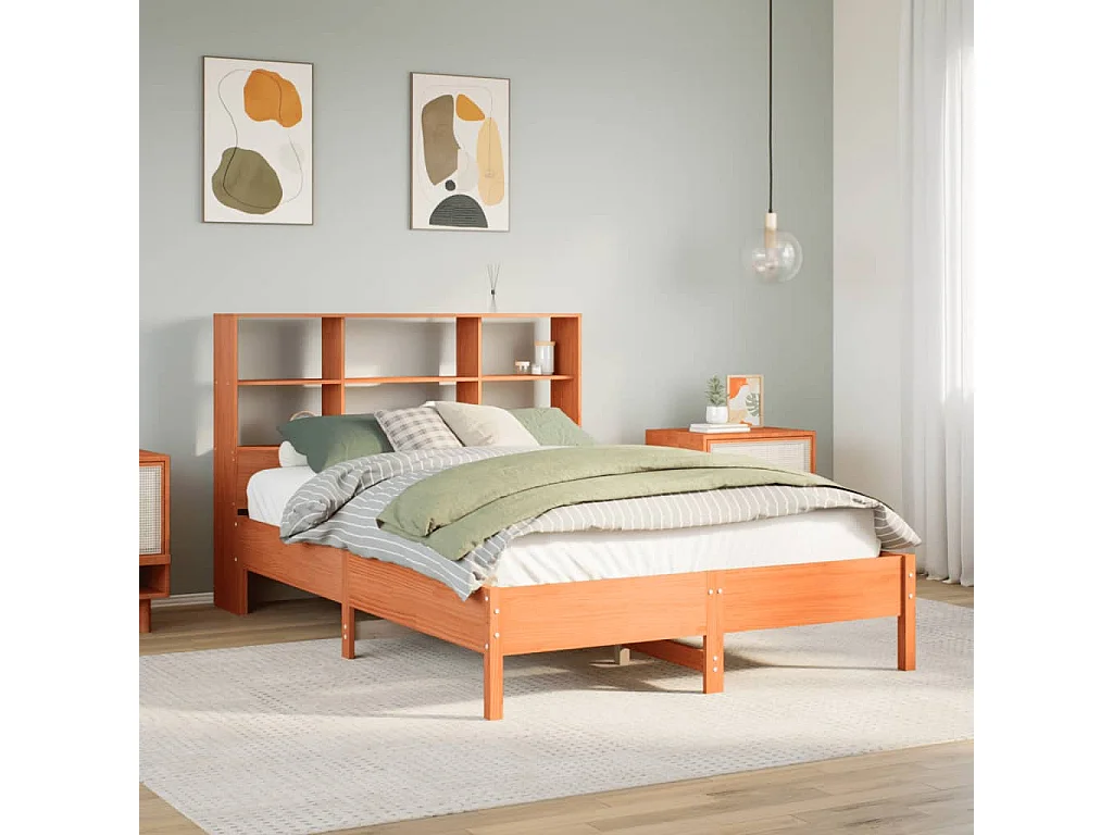 Lit bibliothèque sans matelas cire marron 135x190 cm pin massif