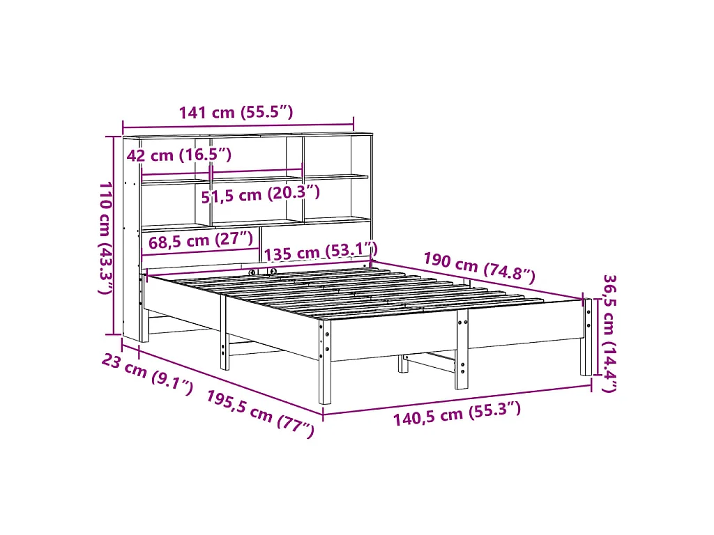 Lit bibliothèque sans matelas cire marron 135x190 cm pin massif