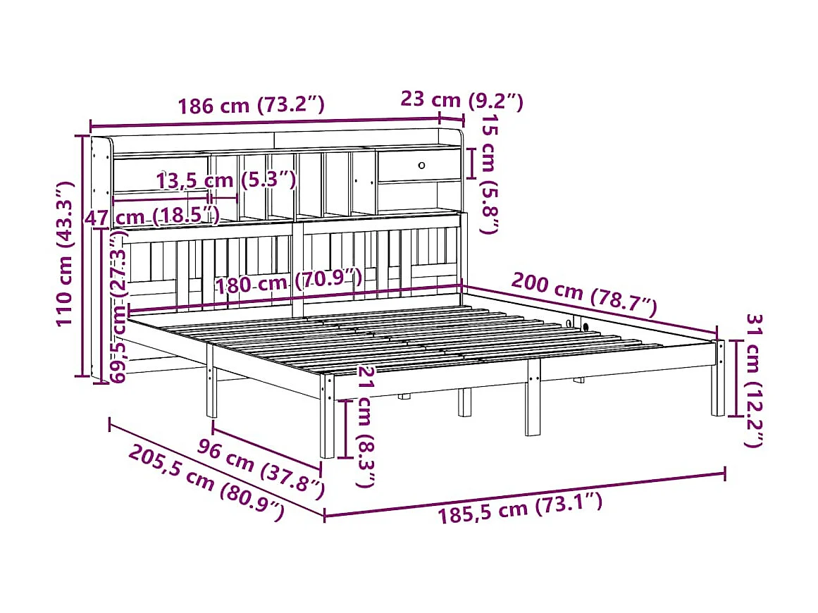Lit bibliothèque sans matelas 180x200 cm bois massif de pin