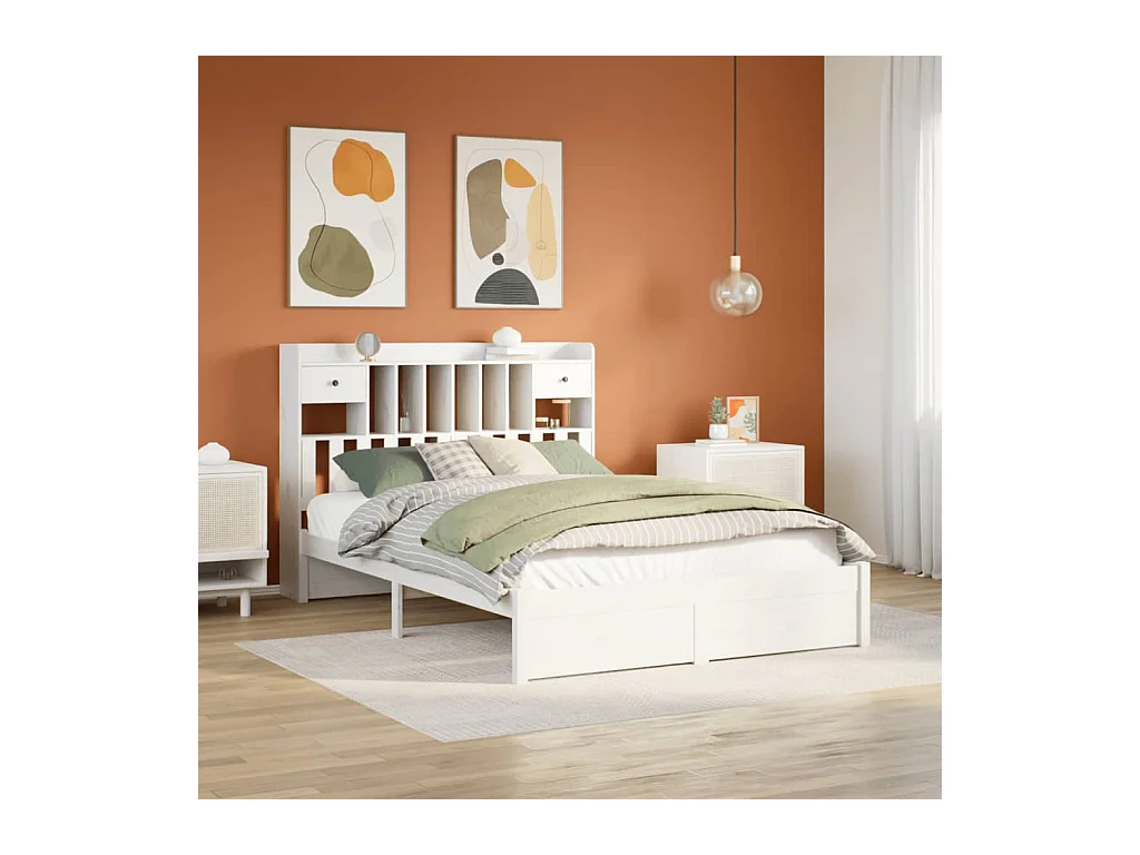 Cama con estantería sin colchón madera maciza blanca 150x200 cm