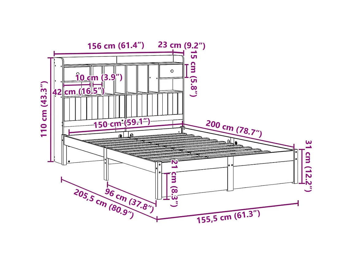 Cama con estantería sin colchón madera maciza blanca 150x200 cm