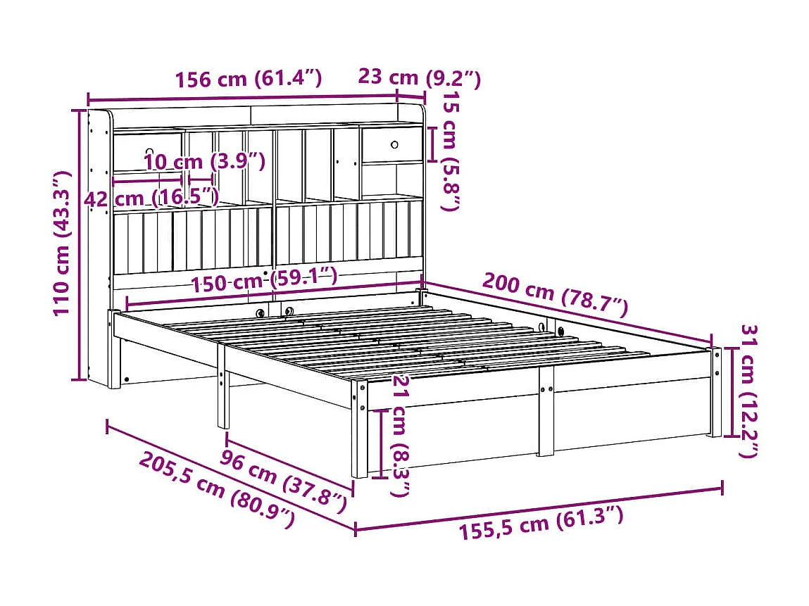 Bed met boekenkast zonder matras grenenhout wit 150x200 cm