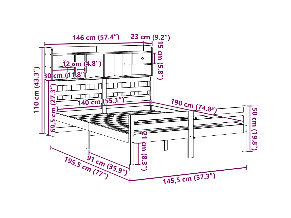 Lit bibliothèque sans matelas 140x190 cm bois de pin massif
