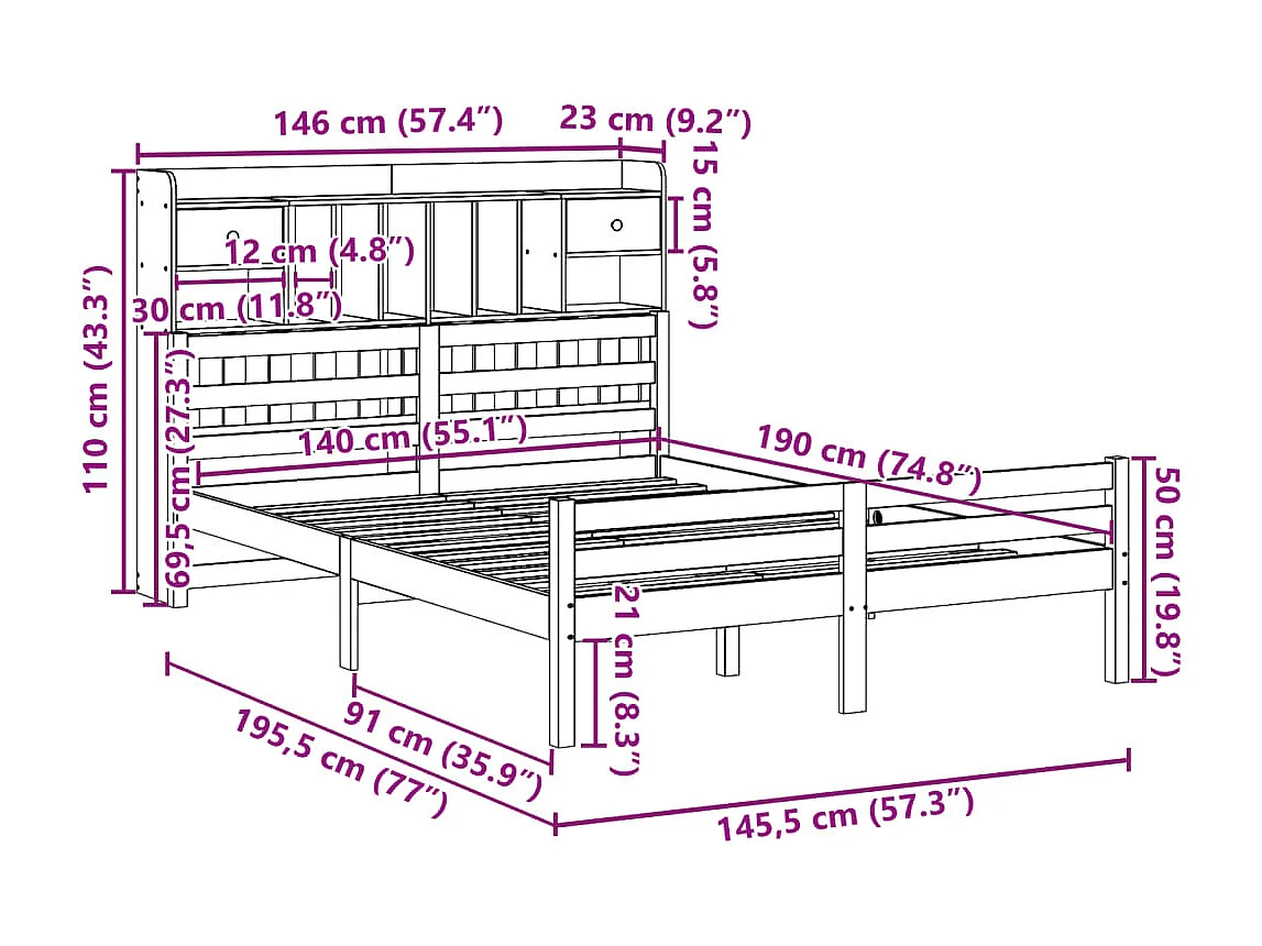 Lit bibliothèque sans matelas 140x190 cm bois de pin massif