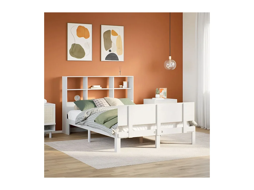 Lit bibliothèque sans matelas blanc 160x200 cm bois pin massif