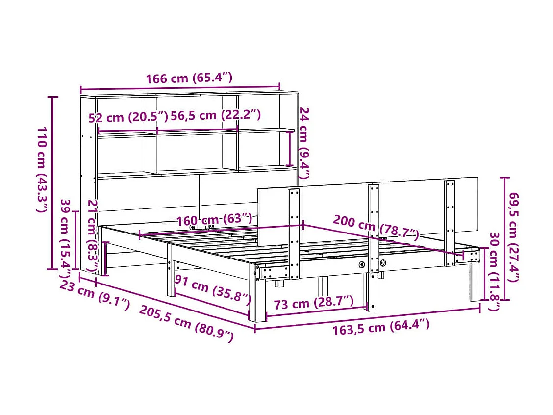 Lit bibliothèque sans matelas blanc 160x200 cm bois pin massif
