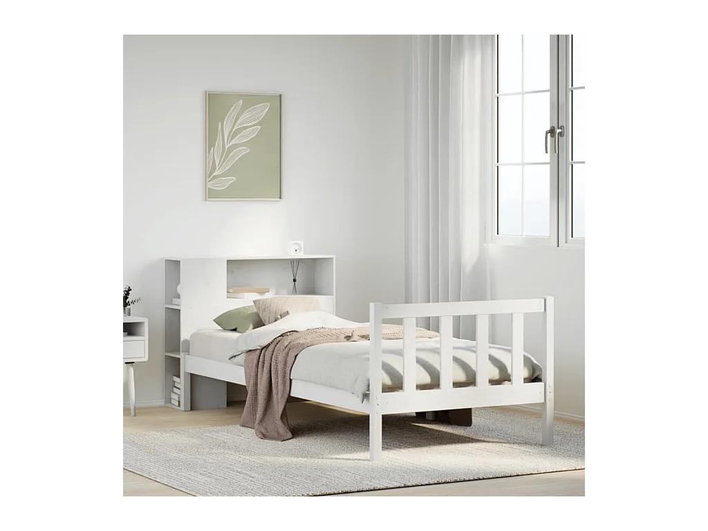 Lit bibliothèque sans matelas blanc 90x200cm bois de pin massif