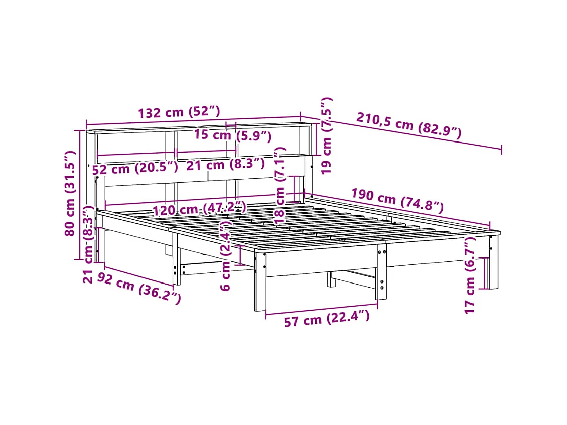 Letto Libreria senza Materasso Marrone Cera 120x190 cm in Pino