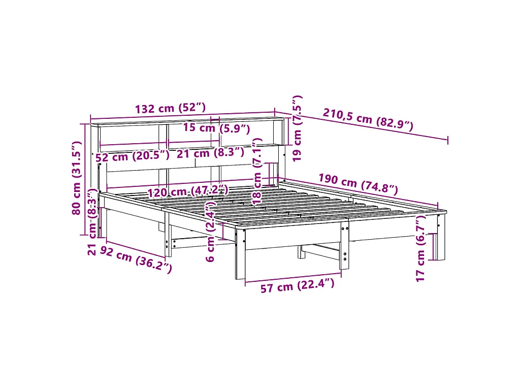 Lit bibliothèque sans matelas cire marron 120x190cm pin massif