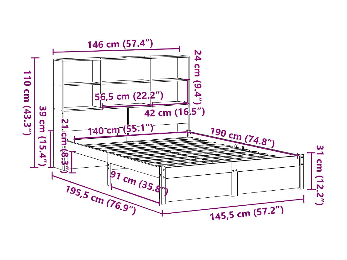 Massivholzbett mit Regal ohne Matratze Weiß 140x190 cm Kiefer