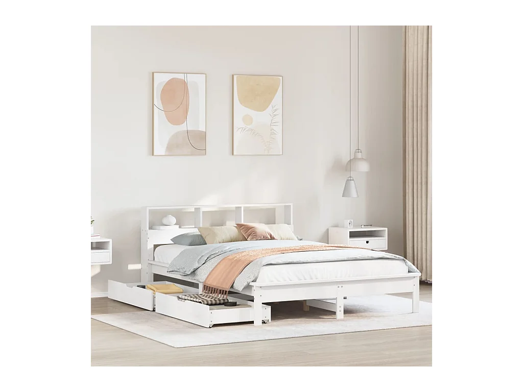 Lit bibliothèque sans matelas blanc 140x200 cm bois pin massif