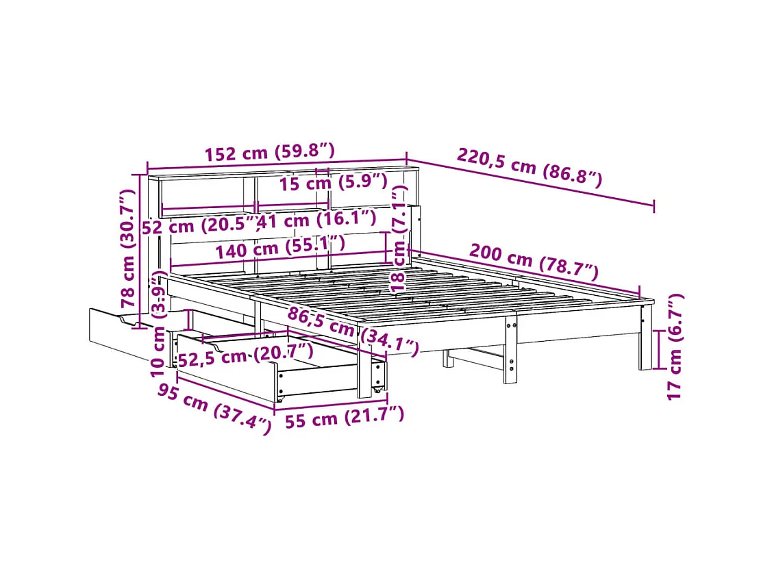 Lit bibliothèque sans matelas blanc 140x200 cm bois pin massif