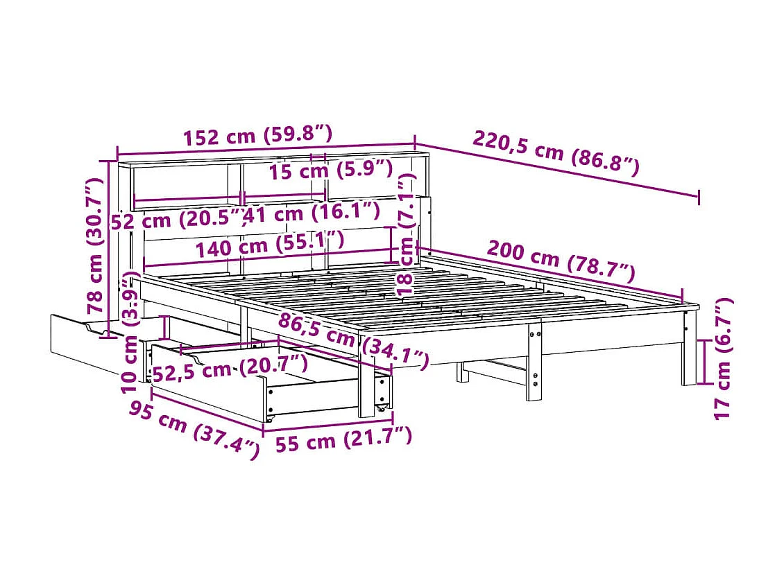 Lit bibliothèque sans matelas blanc 140x200 cm bois pin massif