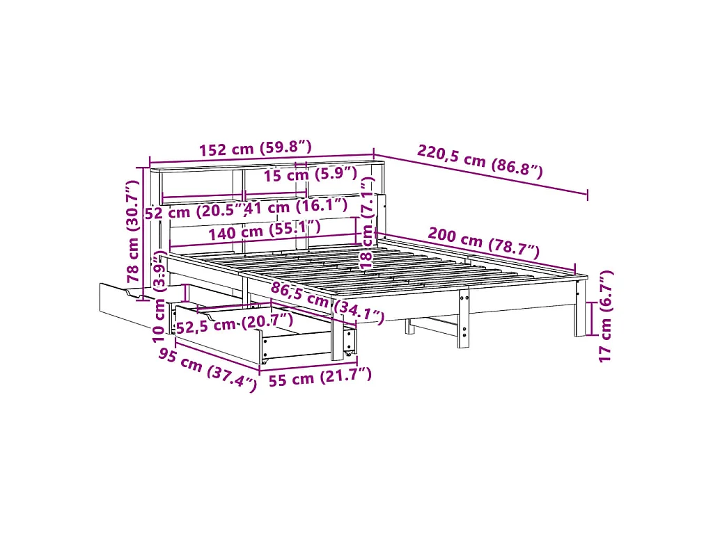 Bed met boekenkast zonder matras grenenhout wit 140x200 cm